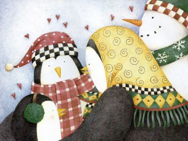 温馨手绘插画：企鹅一家与雪人共度冬日节日