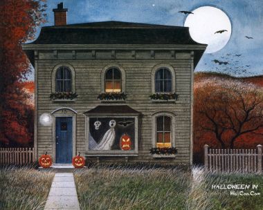 Wendell Minor Halloween Night Ghost House Pumpkins