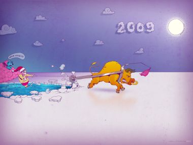 2009年金牛与圣诞老人冰面卡通插画壁纸