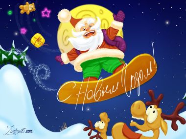 卡通圣诞老人单板滑雪新年壁纸