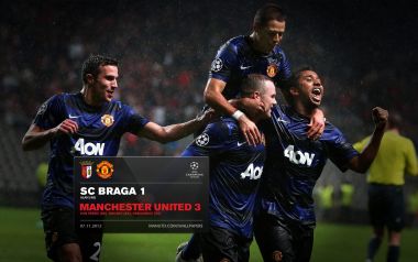 Manchester United Players Celebrate Victory In Rainy Champions League Match Vs SC Braga