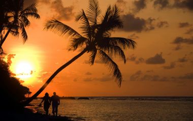 Polynesian Beach Sunset Couple Silhouette