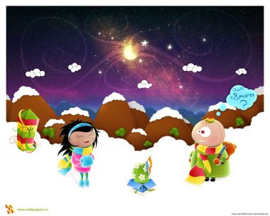 卡通插画：星空下的冬日雪景与国际妇女节（3月8日）祝福