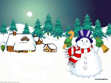 卡通风格雪人与雪中小屋的宁静冬夜插画