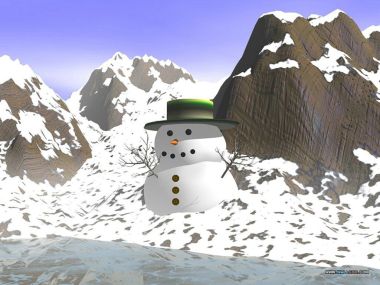 戴着绿色礼帽的卡通雪人站在壮丽雪山前