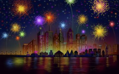 美国独立日城市夜景烟花插画