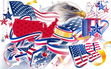 美国独立日爱国主题矢量插画：白头海雕与国旗元素