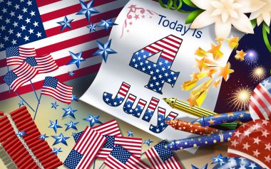 美国独立日庆祝主题插画，包含国旗与烟花