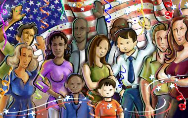 多元文化人群庆祝美国独立日插画