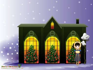 Cartoon Girl Christmas Tree Snow Vector