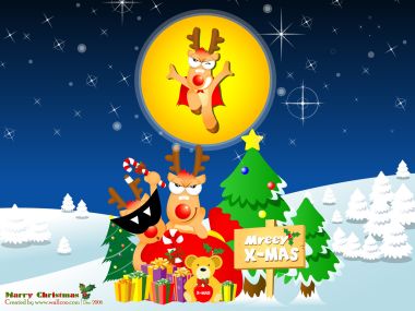 Cartoon Reindeer Superhero Christmas Tree Snow Vector