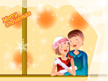Romantic Couple Watching Snow By Window Christmas Vector
