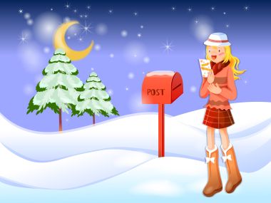 冬季雪夜女孩收信矢量插画