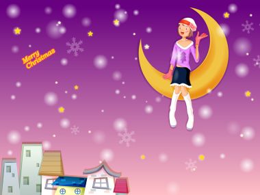 紫色夜空下坐在月亮上的圣诞女孩与城市夜景矢量插画