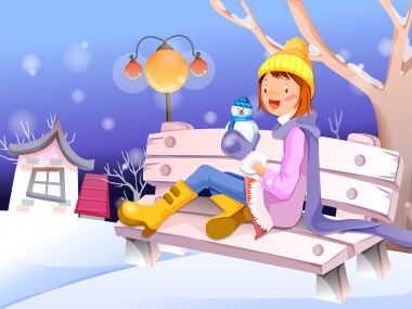 冬日雪景中的快乐女孩与雪人插画