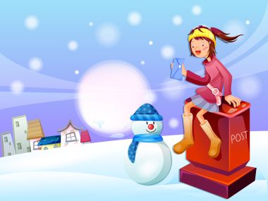 Girl Snowman Winter Postbox Illustration