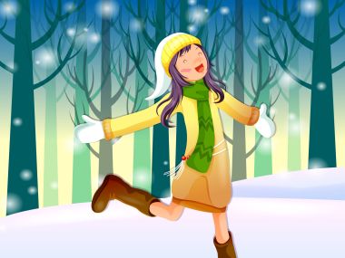Happy Girl Running In Winter Forest Vector Art