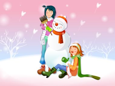 粉色背景下的冬日快乐时光：两个女孩与雪人矢量插画