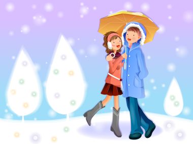 唯美矢量插画：冬日雪景中撑伞漫步的浪漫情侣