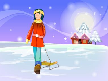 冬日雪景中的卡通女孩拉着黄色雪橇
