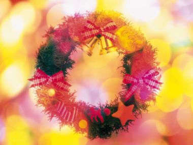 Christmas Wreath Gold Bells Bokeh Background