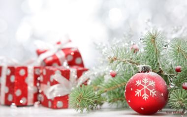 Red Polka Dot Gifts And Pine Branch Christmas Still Life