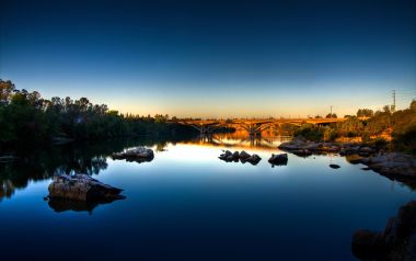 Blissful Blue Sunset River Bridge Natural Landscape Wallpaper