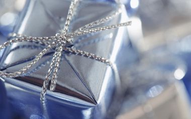Blue Wrapped Gift Box Silver Ribbon Macro