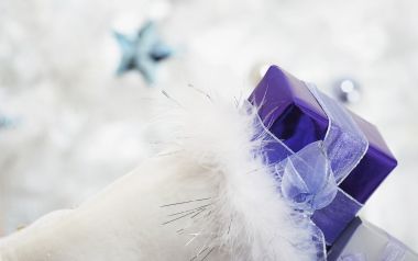 Purple Gift Box And Feather On White Christmas Tree