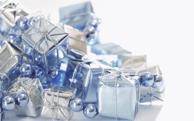 Blue Silver Holiday Gift Boxes And Ornaments Closeup