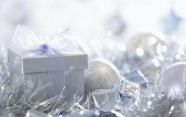 Silver Blue Christmas Gift Decorations Closeup
