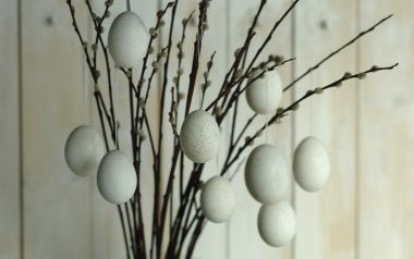 White Easter Eggs Hanging On Willow Branches