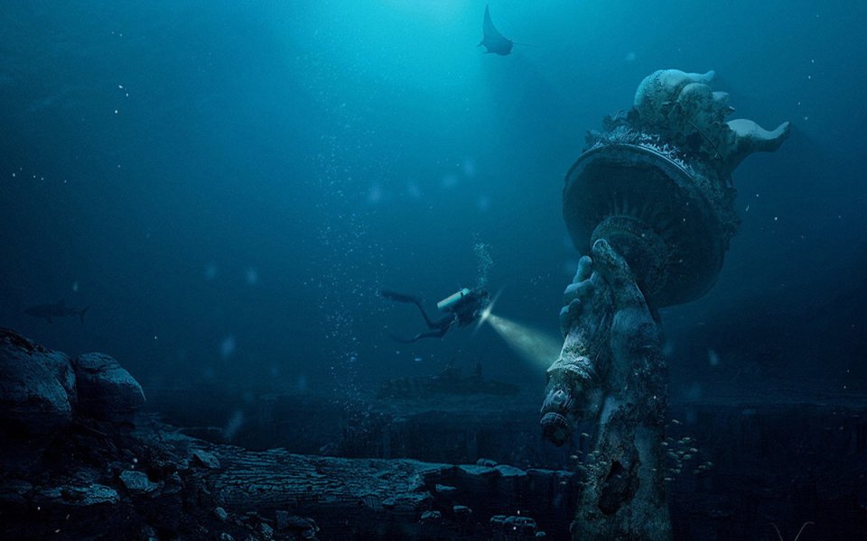 Deep Sea Explorer Illuminating Ancient Underwater Ruins