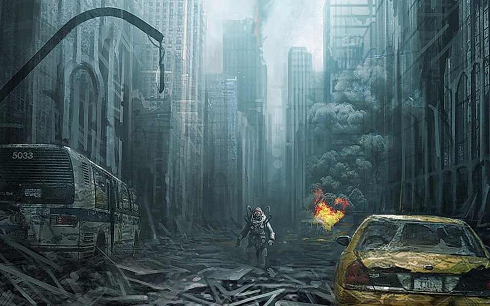 Lonely Astronaut In Post Apocalyptic City Ruins