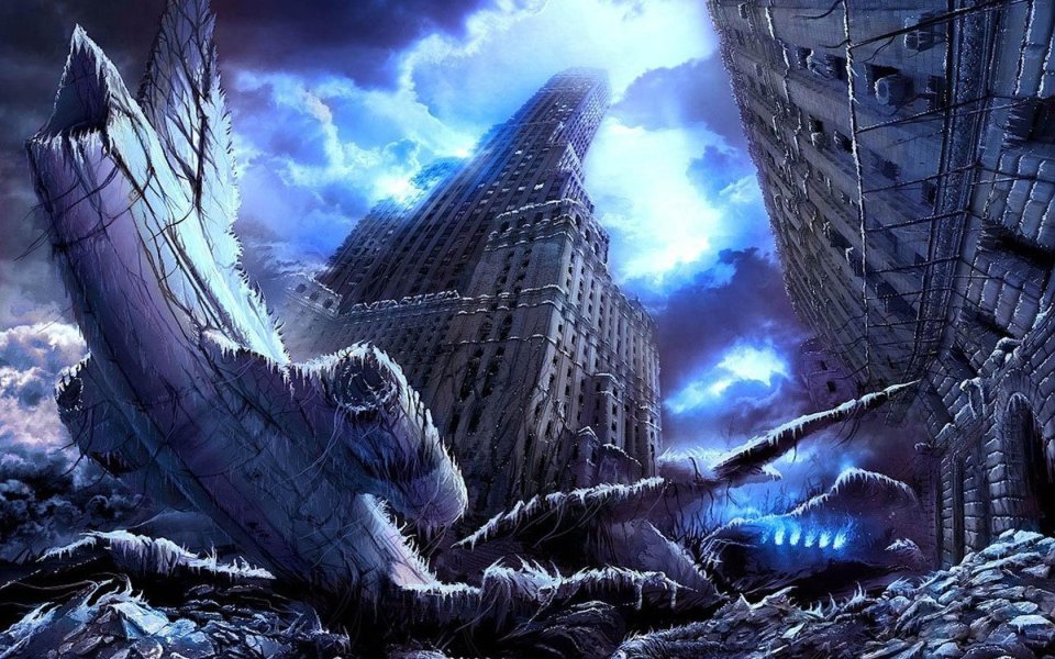 末日废土科幻插画：冰封城市与巨型机械残骸
