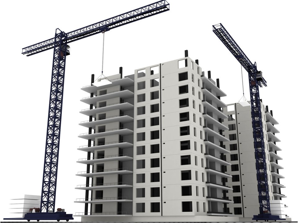 3D渲染建筑工地与塔式起重机模型