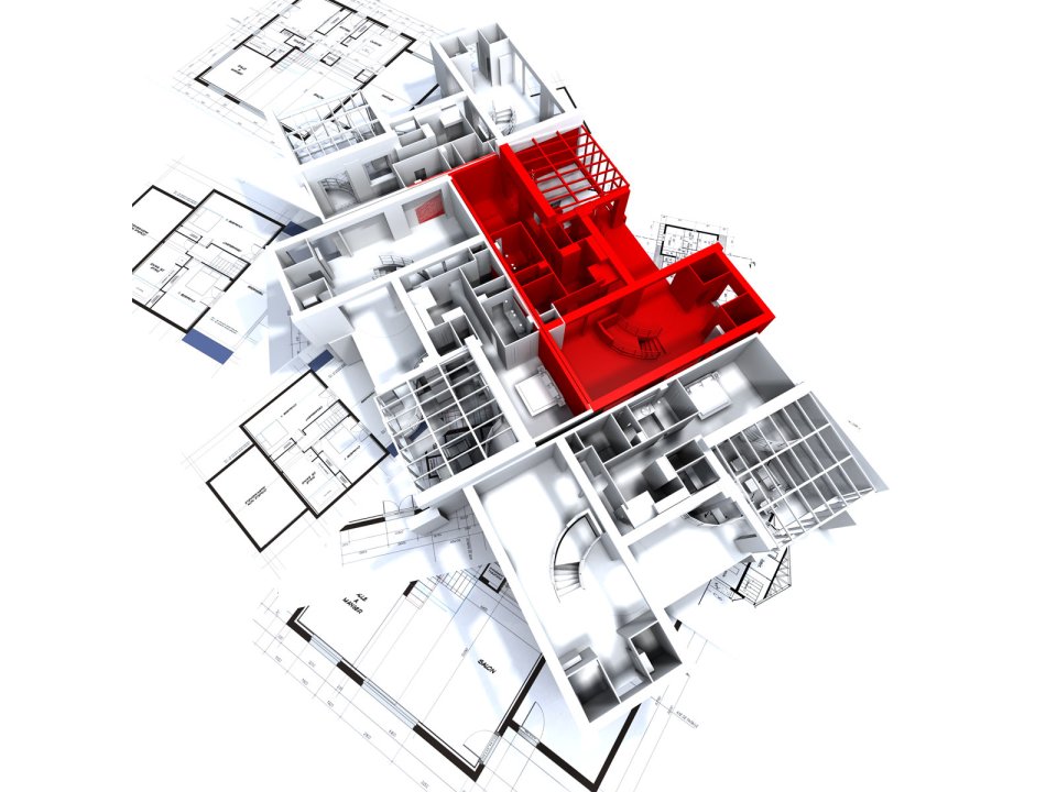3D建筑剖面模型与施工蓝图背景