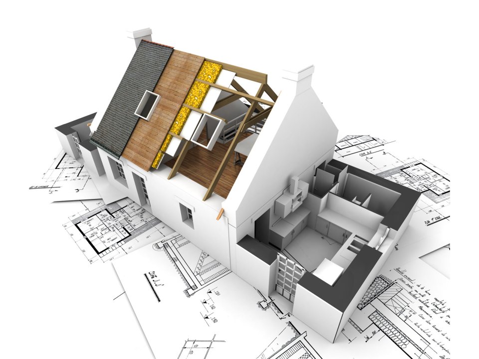 Architectural House Model And Blueprint Cross Section