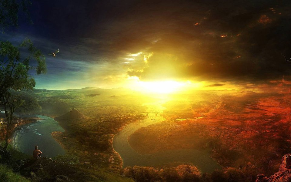 Fantasy Digital Art Breathtaking Sunset Winding River