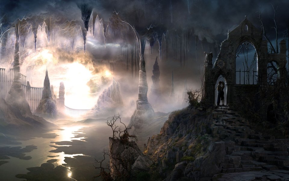 Gothic Ruins Overlooking Mysterious Abyss Light