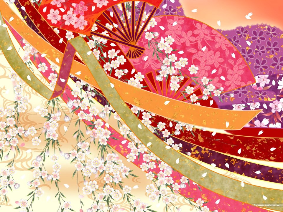 唯美日式和风樱花折扇飘带背景插画