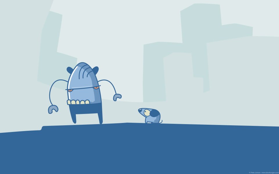 Blue Minimalist Cartoon Illustration Angry Monster Vs Mouse