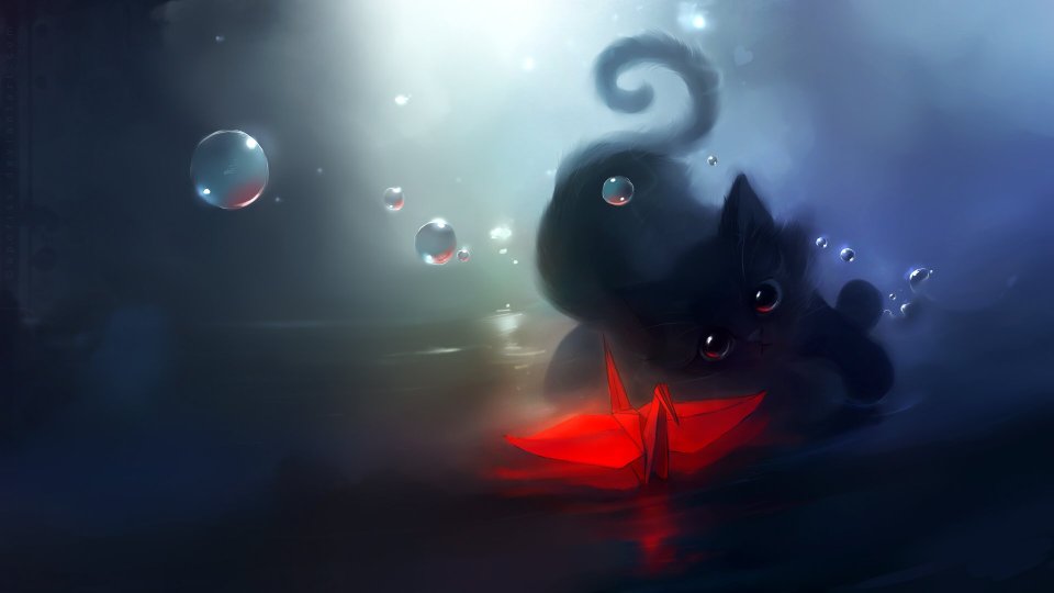 apofiss插画：水下黑猫与发光折纸鹤