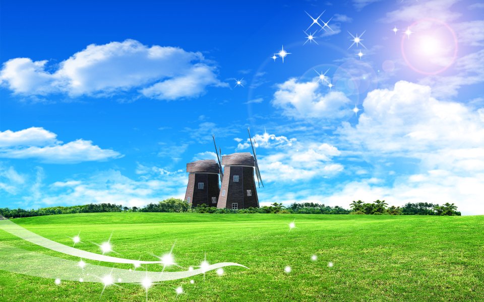 Dreamy Windmill Meadow Landscape