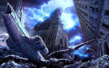 末日废土科幻插画：冰封城市与巨型机械残骸