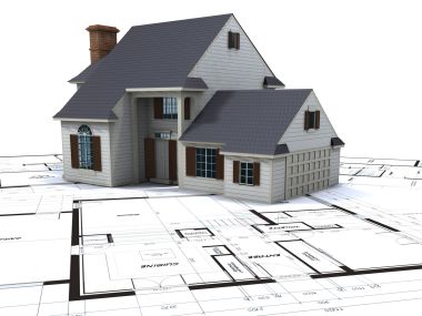 3D渲染独栋住宅模型与建筑蓝图背景