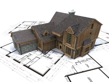 3D渲染豪华别墅模型与建筑蓝图背景