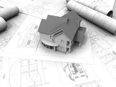建筑房屋模型与展开蓝图的3D渲染设计图