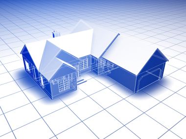蓝色网格背景上的3D建筑房屋蓝图与透视模型
