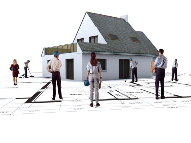 建筑蓝图上的3D房屋模型与施工团队